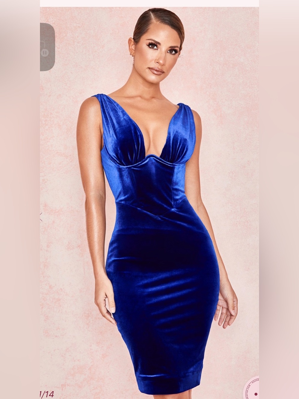 House of CB, Cobalt Blue Velvet Plunge Corset Midi Dress XS P2P 14” | 10
